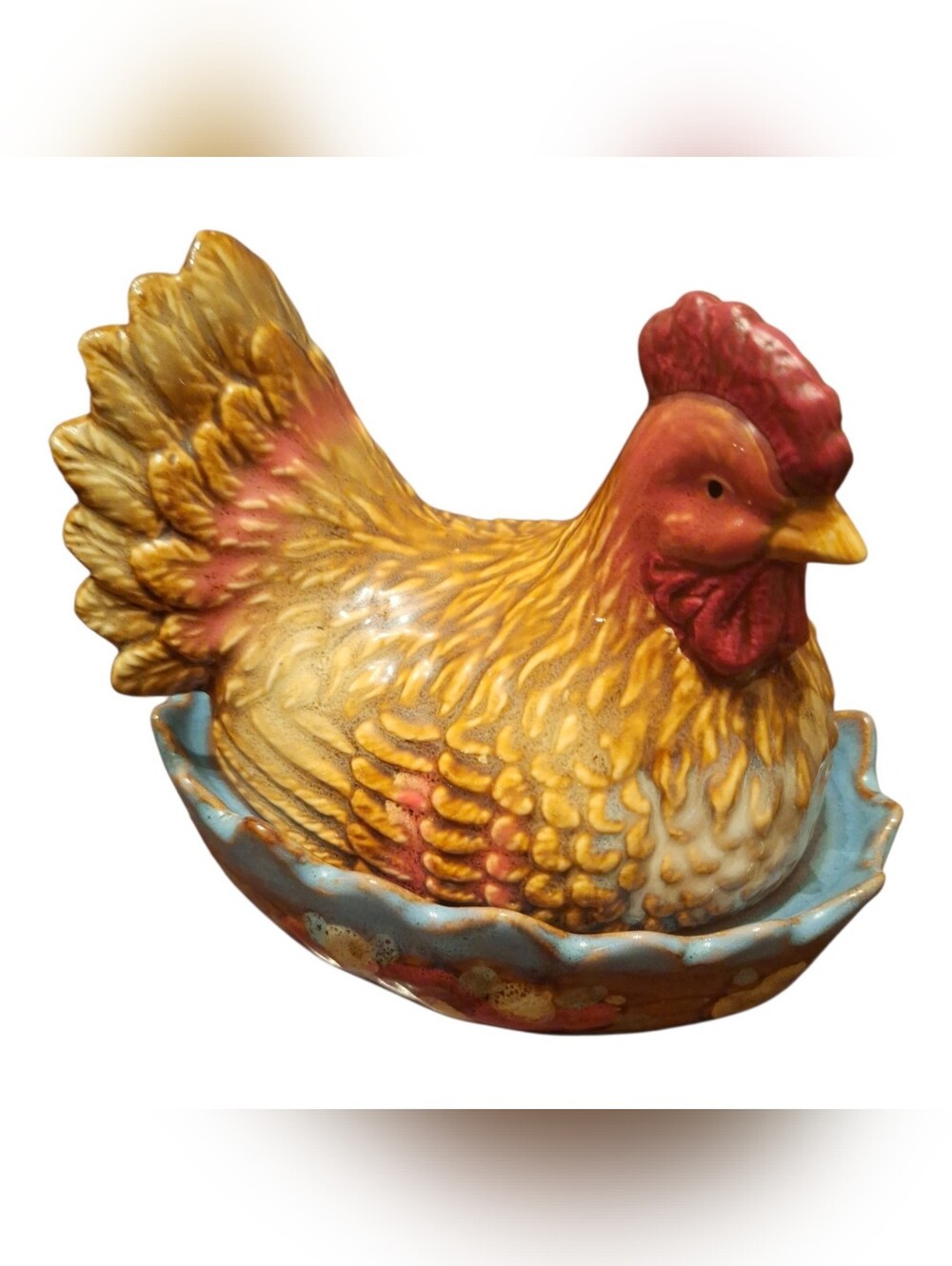 Yellow Ceramic Hen on Blue Nest